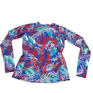 Coolibar Blue Red Teal Tropical Rash Guard UPF 50+ Hightide L/S Swim Shirt XXS